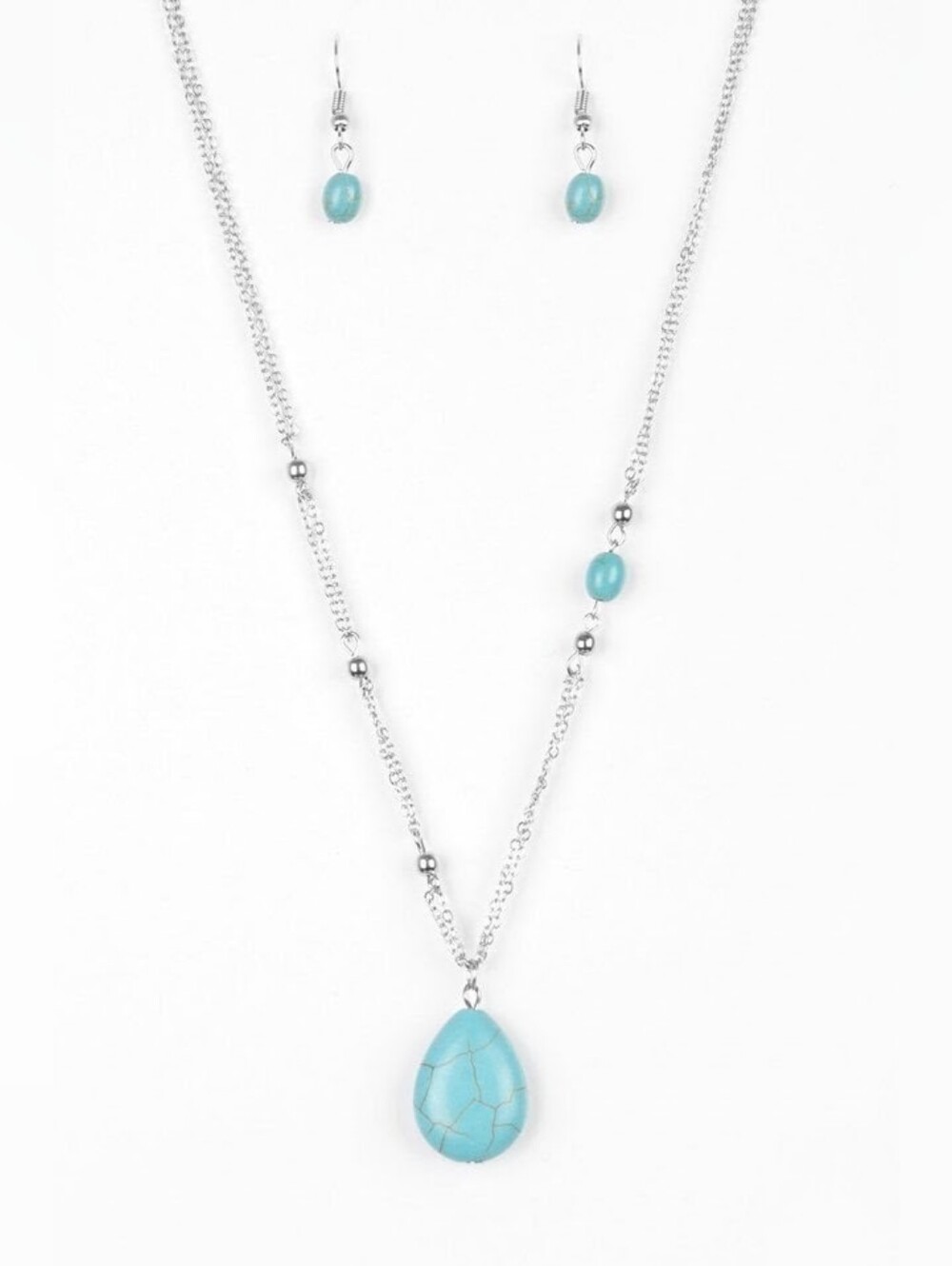 paparazzi Turquoise Teardrop Pendant Necklace and Earrings - Silver Tone